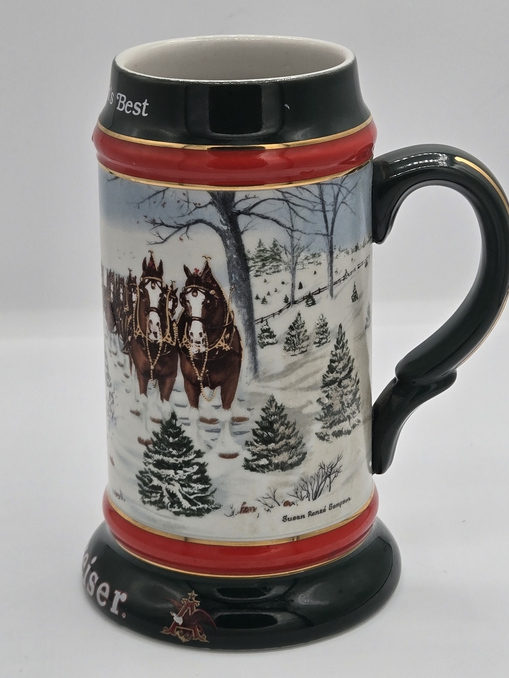 1991 Budweiser Clydesdale Holiday Ceramic Beer Stein "The Seasons Best" w/ Flaw